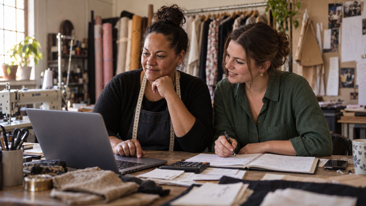 Clothing manufacturer and accountant going through accounts at a workshop table