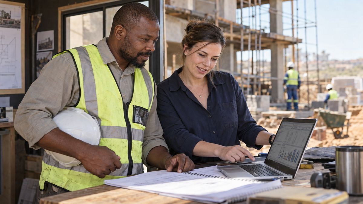 Construction site manager and accountant reviewing project figures on a laptop