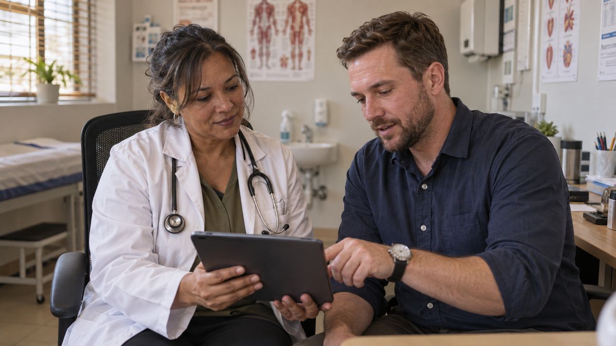 Doctor and accountant reviewing practice figures on a tablet in a consulting room