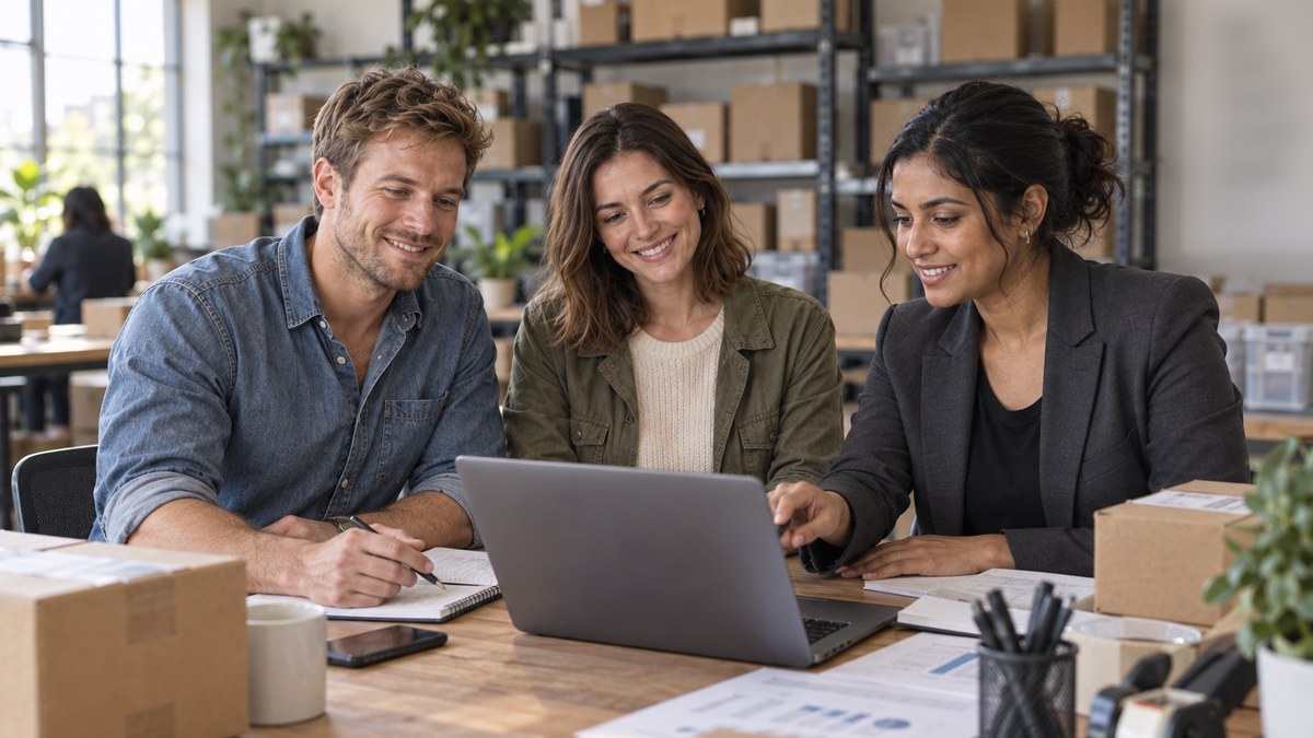 E-commerce founders and accountant reviewing orders and margins at a table