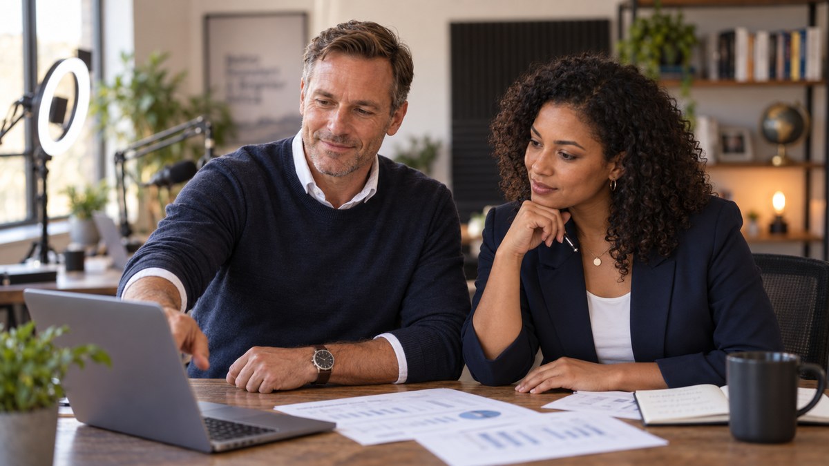 Edtech founder and accountant reviewing subscription revenue at a table