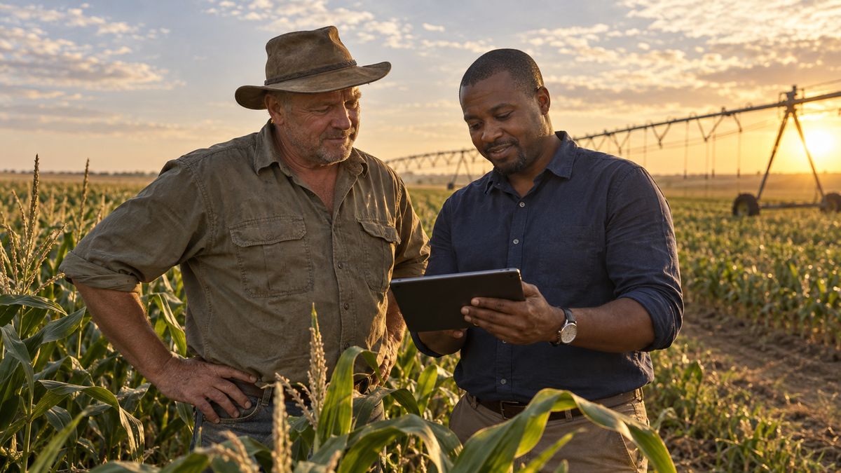 Farmer and accountant reviewing figures on a tablet in a maize field