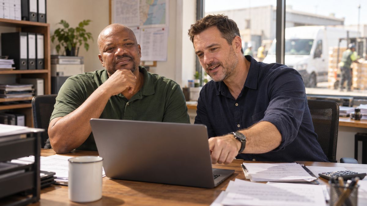 Logistics business owner and accountant reviewing figures in a depot office