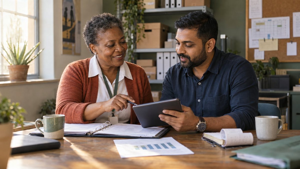 Community organisation director and an accountant reviewing a funder report at a table