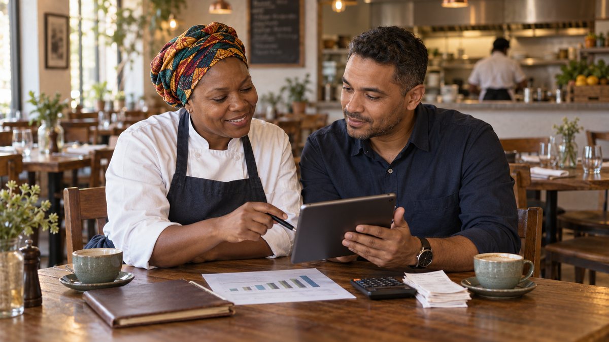 Restaurant owner and accountant reviewing takings and costs at a table