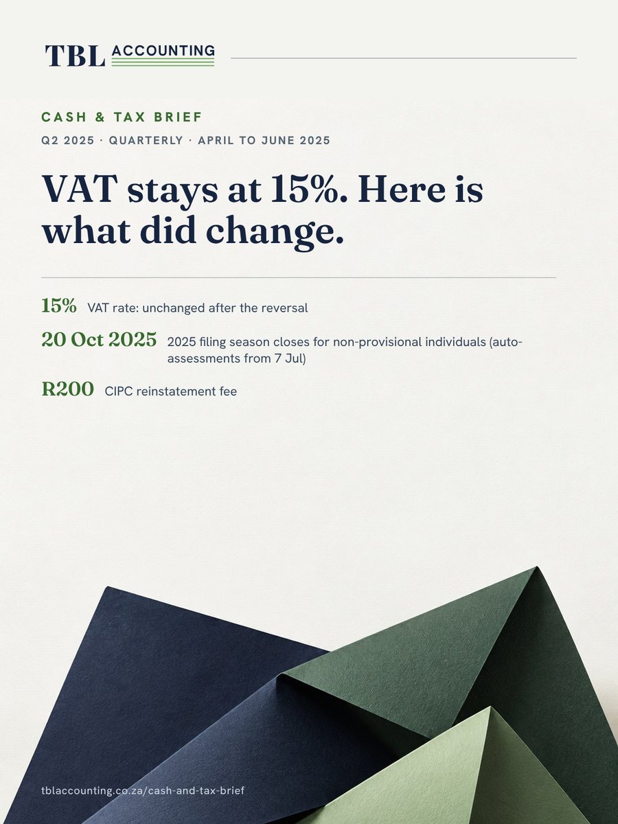 Cover of the TBL Accounting Cash & Tax Brief, Q2 2025: VAT stays at 15%. Here is what did change.