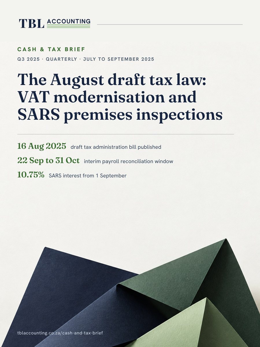 Cover of the TBL Accounting Cash & Tax Brief, Q3 2025: The August draft tax law: VAT modernisation and SARS premises inspections