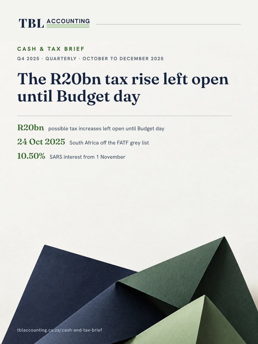 Cover of the TBL Accounting Cash & Tax Brief, Q4 2025: The R20bn tax rise left open until Budget day