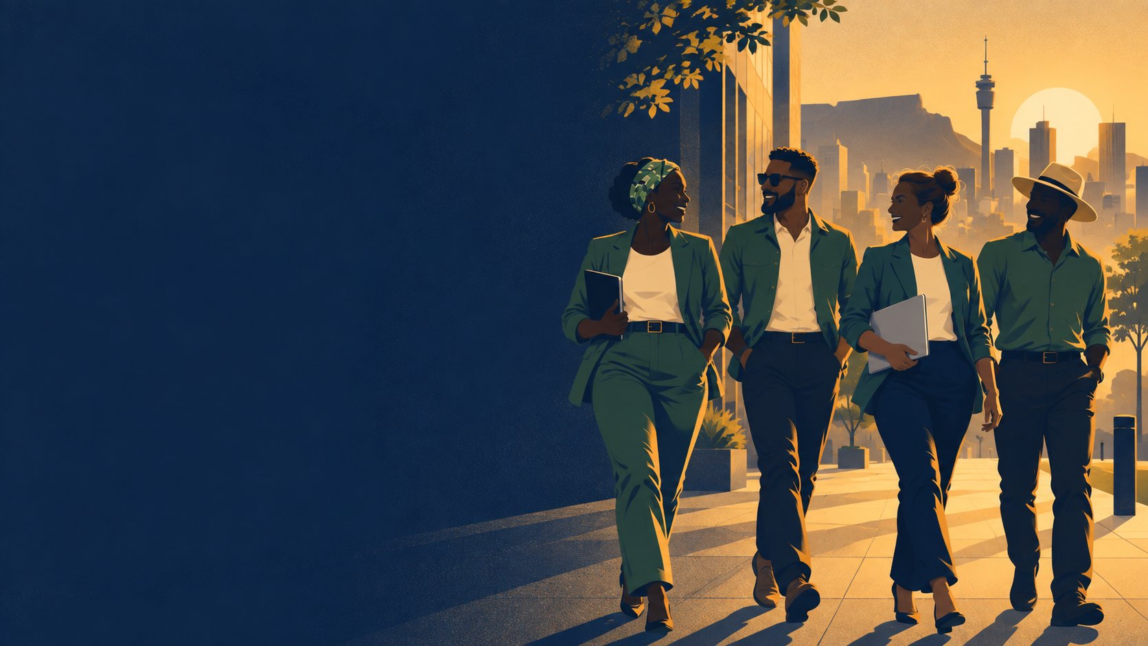 Illustration of four South African business owners walking together along a city street at golden hour